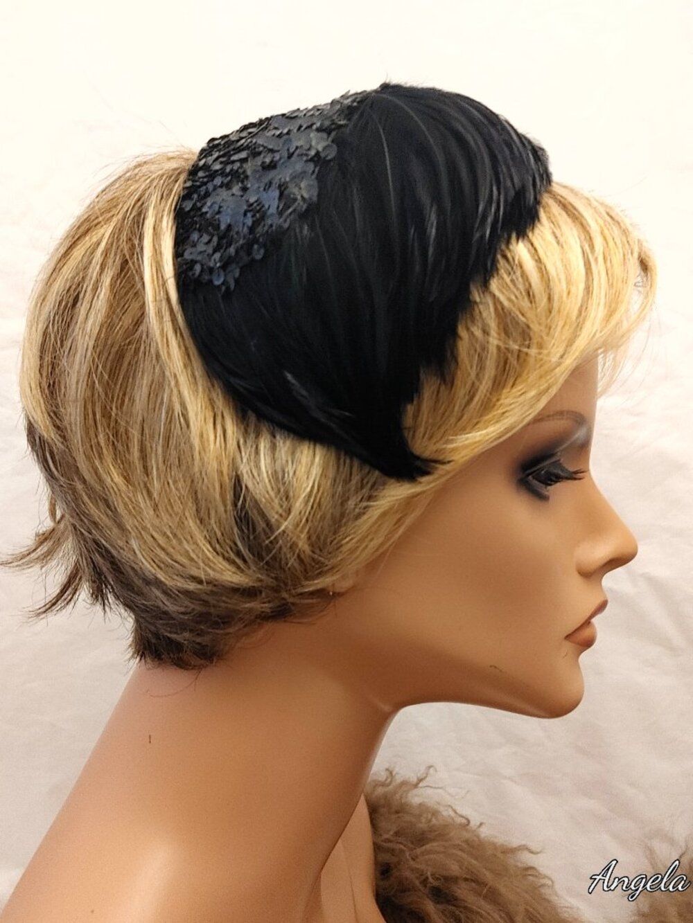 Vintage Black Feather Sequin Cocktail Pillbox Hat Headband